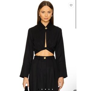 MATTHEW BRUCH Black Tencel‎ Collared Long Sleeve Wrap Cropped Top Shirt Size 6